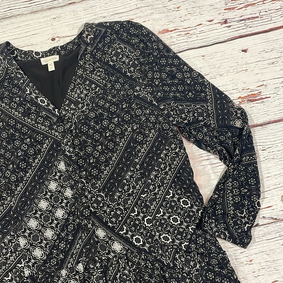 Garnet Hill Drop Waist Button Up Bohemian Print Black White Shirt Dress - Picture 7 of 9